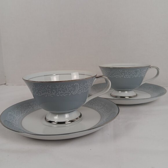 2 Seyei Fine China Japan Teacup & Saucer Grey Silver Trim Contessa 473 EUC - Picture 1 of 5